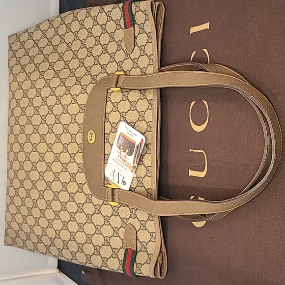 GUCCI ACCESSORIES VINTAGE 70'S WEB SHERRY COATED CANVAS TOTE BAG W SERIAL# - Picture 11 of 17